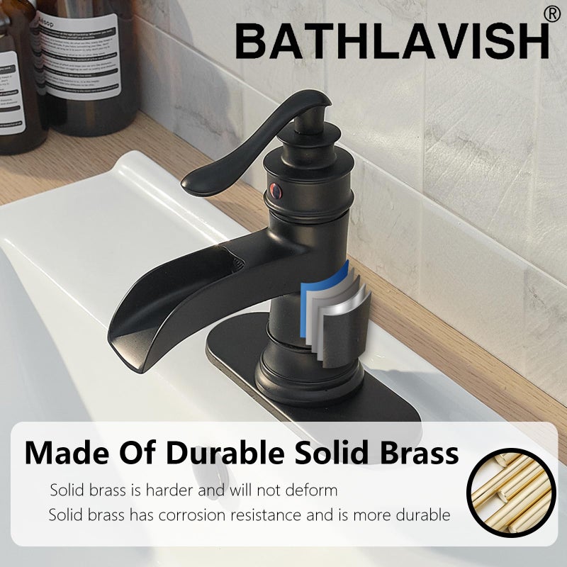 BATHLAVISH Matte Black Waterfall Bathroom Faucet, Single Handle Bathroom Sink Faucet 1 Hole or 3 Hole, Vanity Sink Faucet for Vintage Antique Lavatory Washroom with Pop Up Drain, Deck, 2 Hoses - Image 5